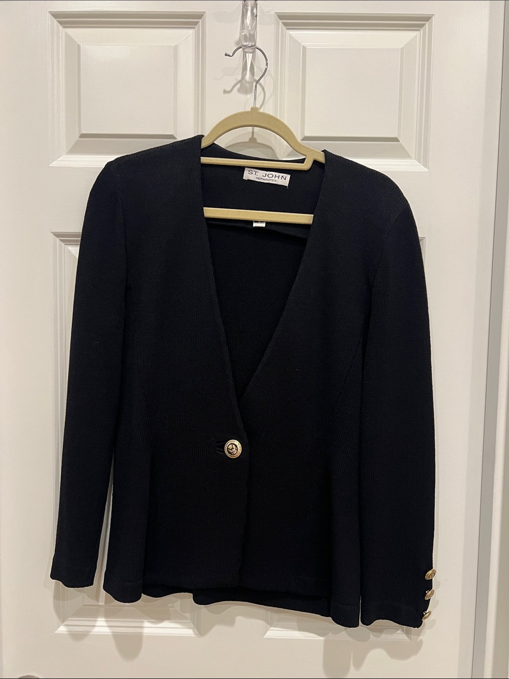 St. John Black Knit V-Neck One-Button Blazer with Gold Buttons